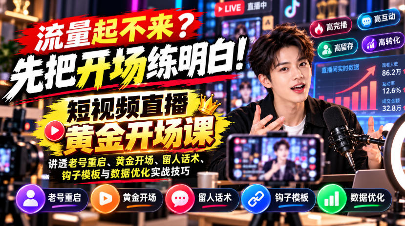 【无水印】流量起不来?先把开场练明白!短视频直播黄金开场课,讲透老号重启、黄金开场、留人话术、钩子模板与数据优化实战技巧